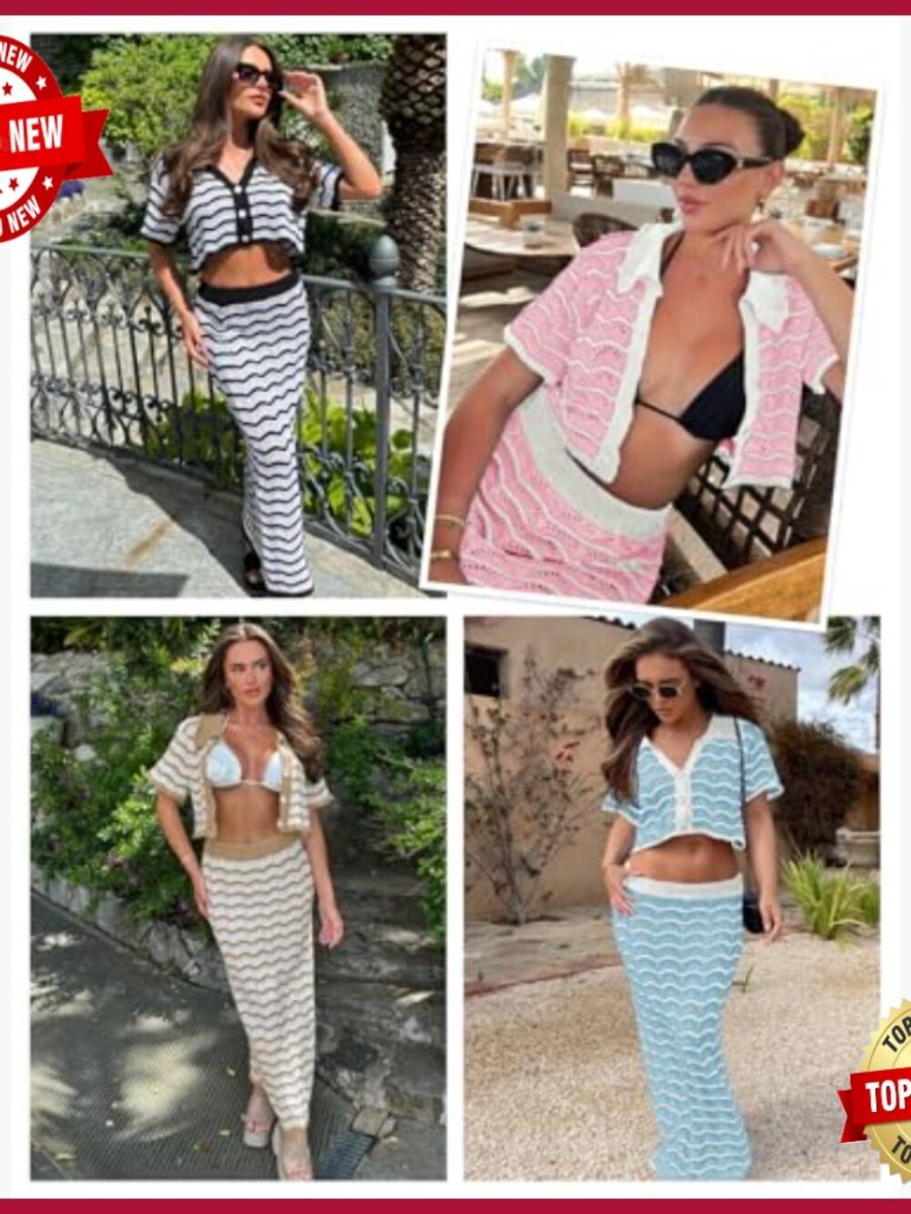 Striped Crochet Cover Up Set, Crop Top Maxi Skirt, Beachwear Outfit - Picture 5 of 7